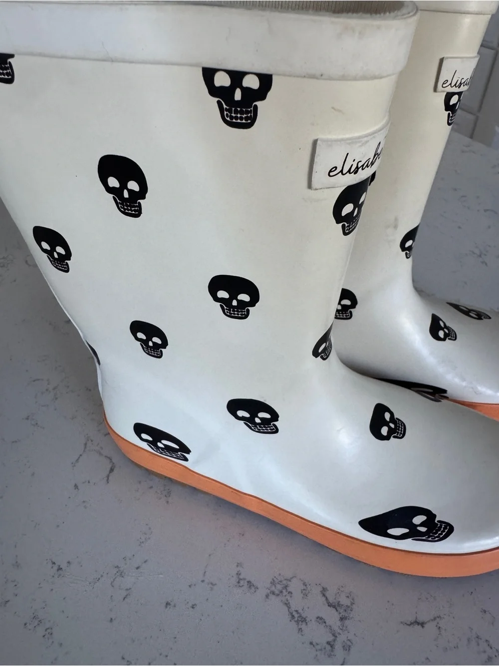 Elisabeth + Faith Kids White Skull Rain Boots with Orange Sole